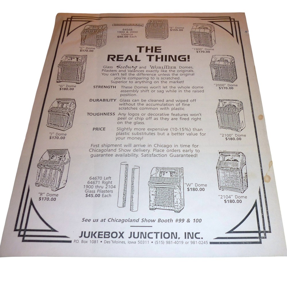 Vintage Jukebox Junction Advertising Flyer Seeburg Wurlitzer Glass‎ Domes